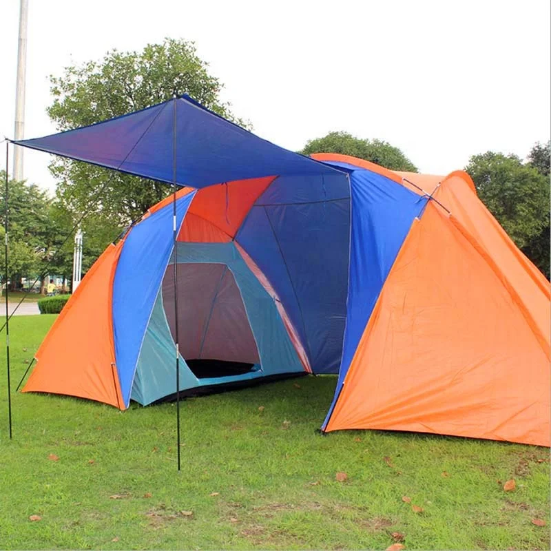 Hot Sale Fiberglass Pole 3-4 Person 2 Rooms Waterproof Family Camping Tent