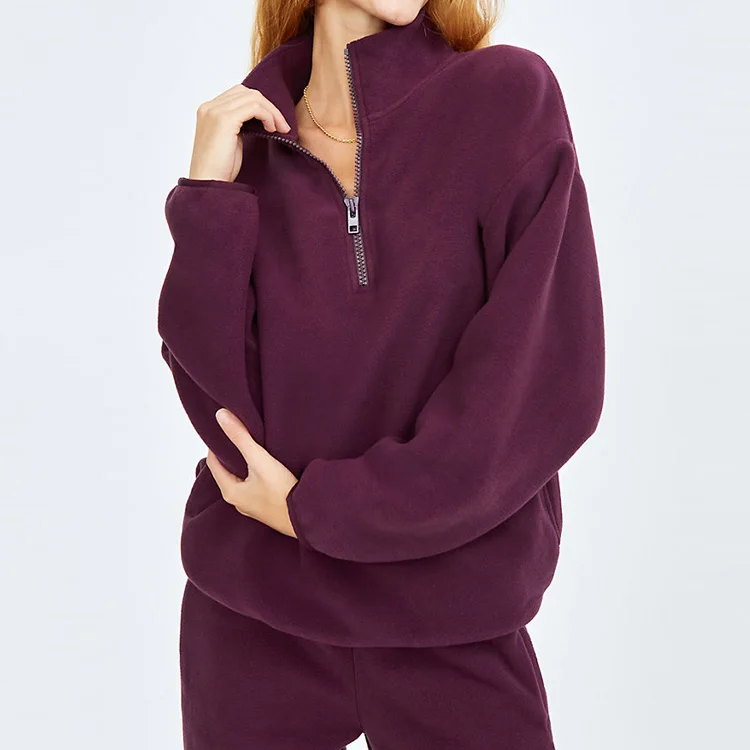 New York Korean Style 100 Cotton  Blank Hoodies Plain No Brand Customize Cotton Womens Oversized Sherpa 1/4 Zip Sweatshirt