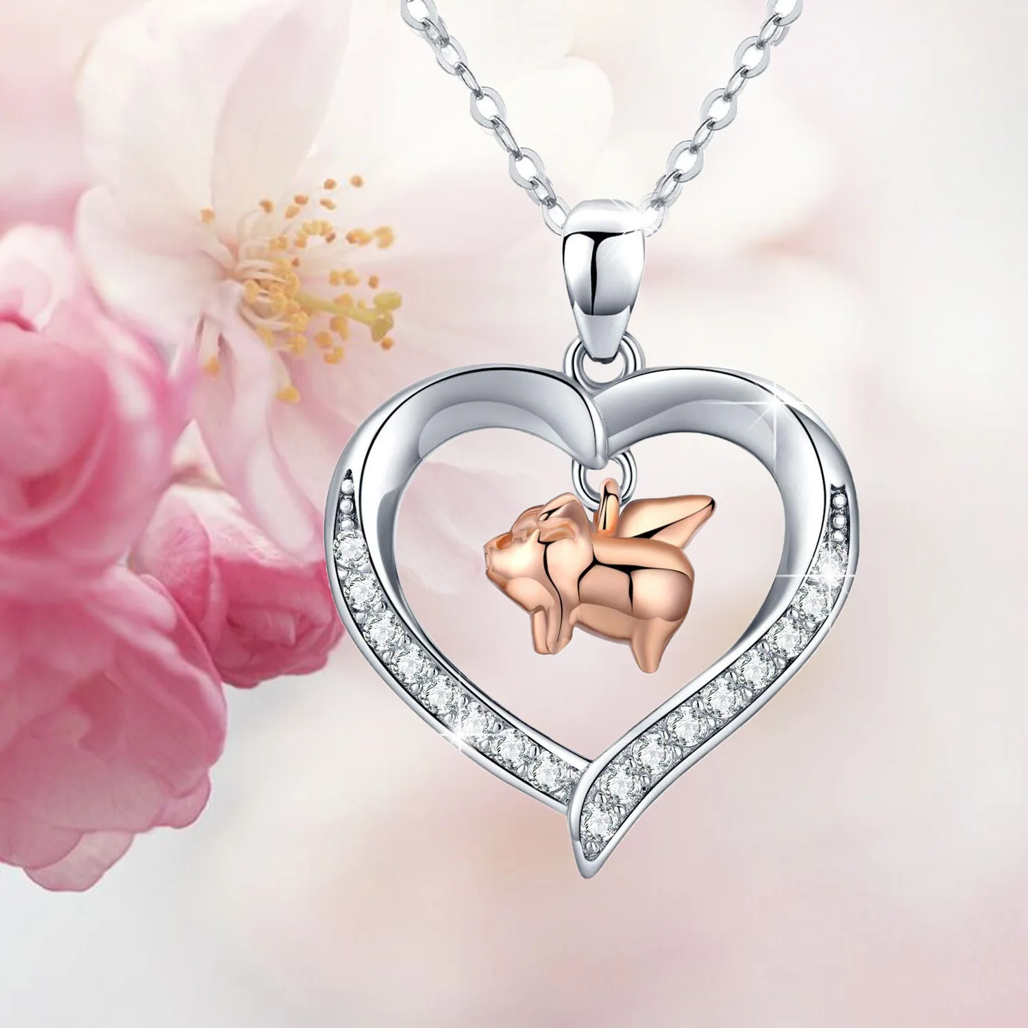 925 Sterling Silver Cute Animal Heart Pendant Necklace Rose Gold Pig with Zircon Women Girls Birthday Gift Jewelry