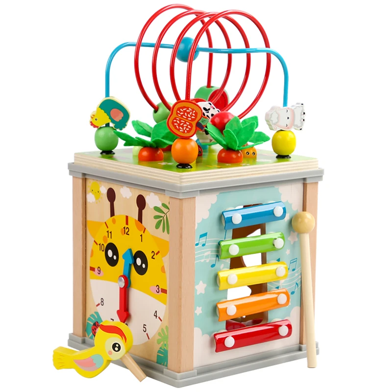 Montessori Multi-functional Shape Matching Puzzle Catch Worm Pull Radish Clock Percussion Intellectual Treasure Box Toy For Kid