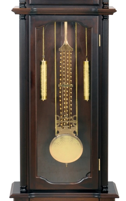 The graceful split pediment features a book-matched, olive ash burl overlay, a turned urn finial Wooden Floor Grandfather clock