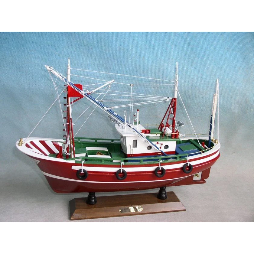 Wooden Fishing ship model with sail, Red 42x13x36cm, 3 mast Fishing Shrimp crab boat model
