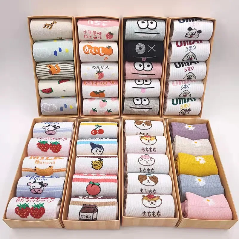 Kawaii cartoon graphic jacquard fashion crew women cute socks box set