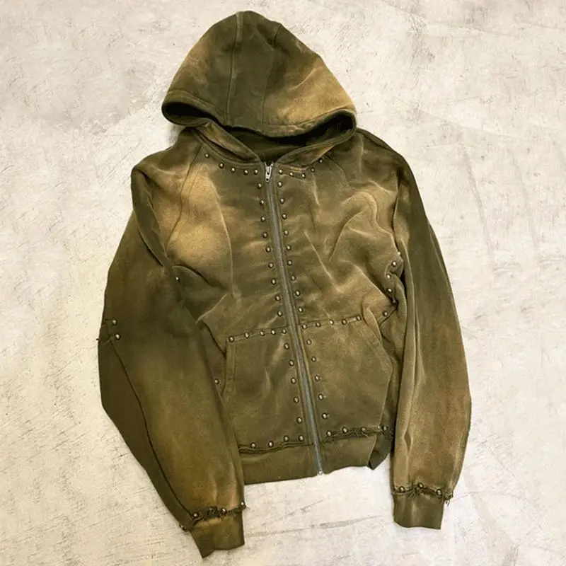 OEM Custom Sunfaded Zipper French Terry Streetwear Functional Acid Wash Men Zip Up Rivet Heavyweight Rhinestone Hoodie