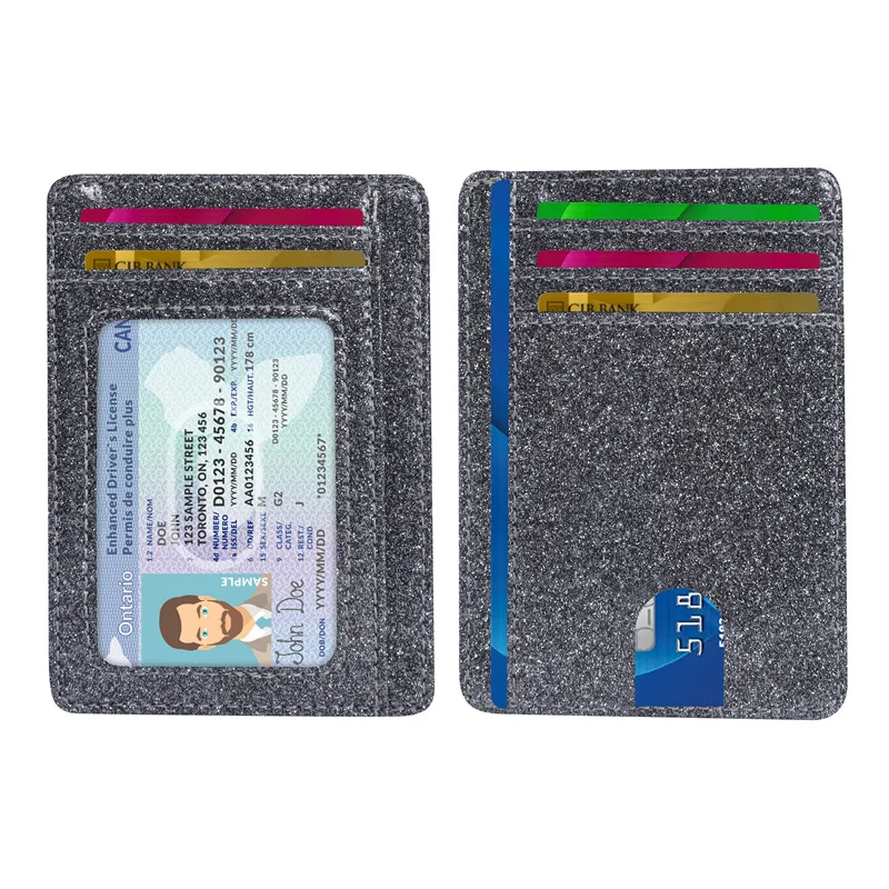 Wholesale soft bling glitter pu leather front pocket RFID blocking minimalist slim credit card holder wallet for women