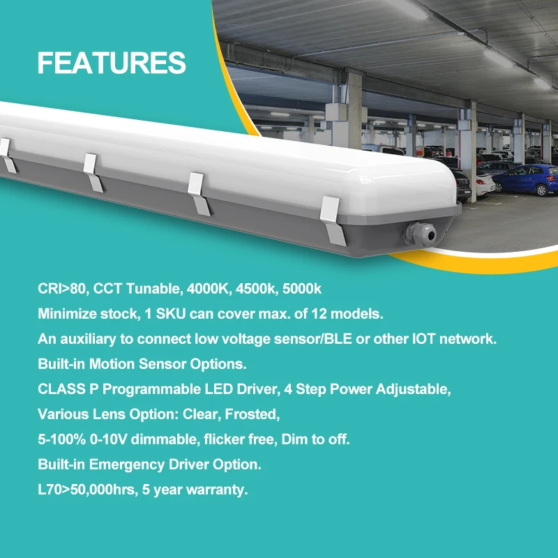 Dimmable Tri-proof Fixture Linear Lights Outdoor Vapor Tight Lamp with Motion Sensor Emergency