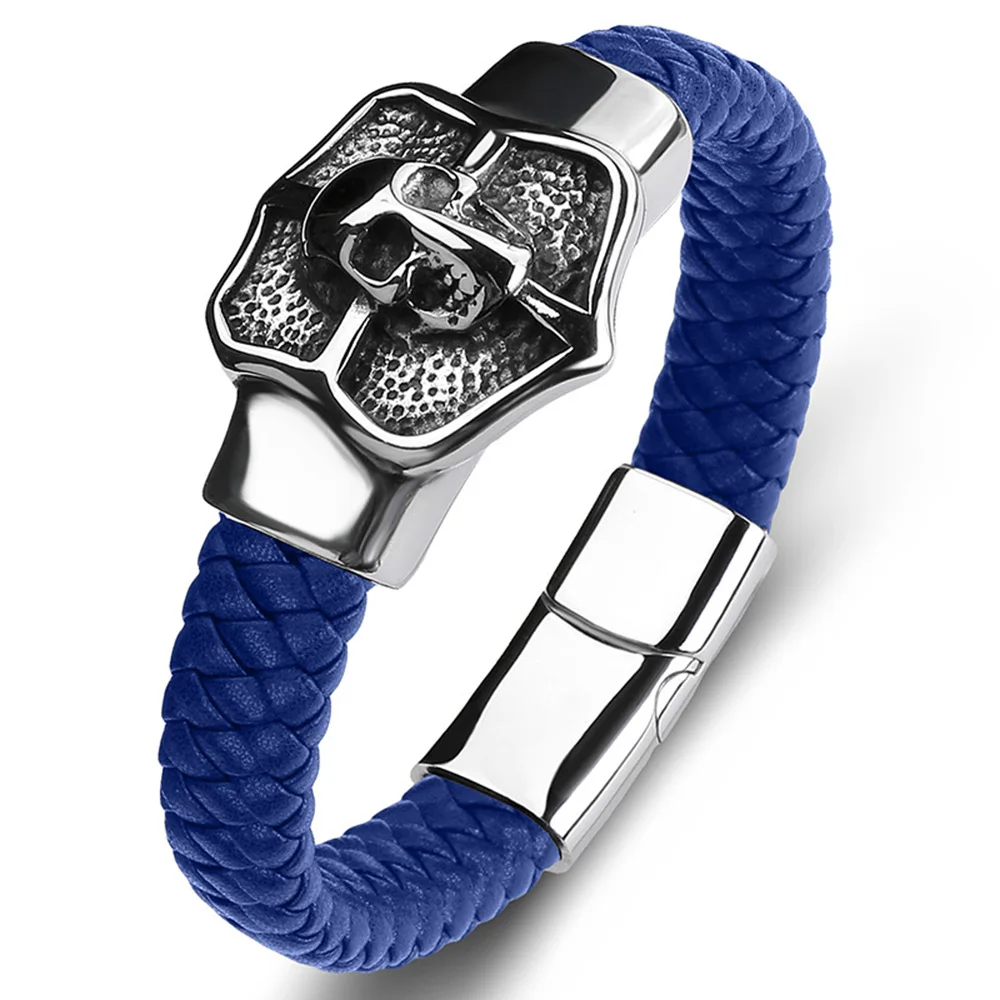 Custom Simple Vintage Braided Single Leather Bracelet Magnetic Tungsten Carbide Skull Bangle Mens