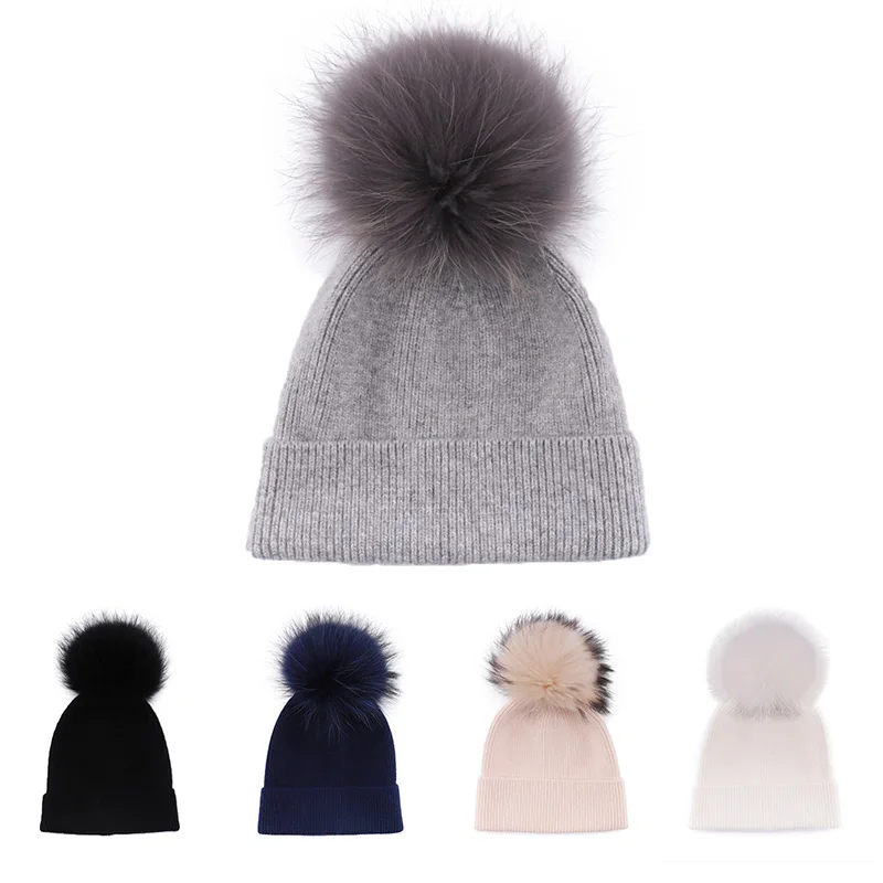 2024 Wholesale Fashion Women Girls Custom Logo Soft Winter Warm angora wool Knitted Fur Pom Knit Beanie Hat