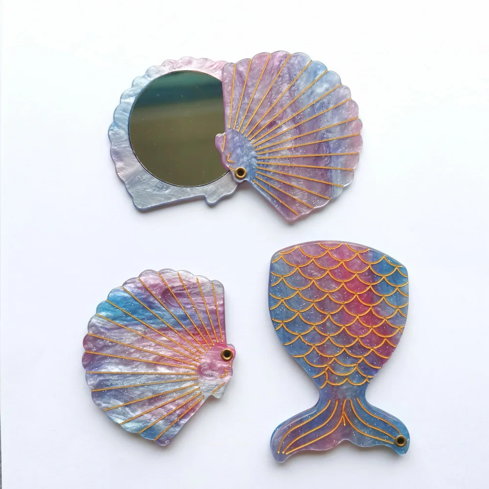 INS Fashion Portable Hand Mirrors Sea-maid Shell Shape Mirror Acetate Wholesale Mini Pocket Mirror for Travel Unisex