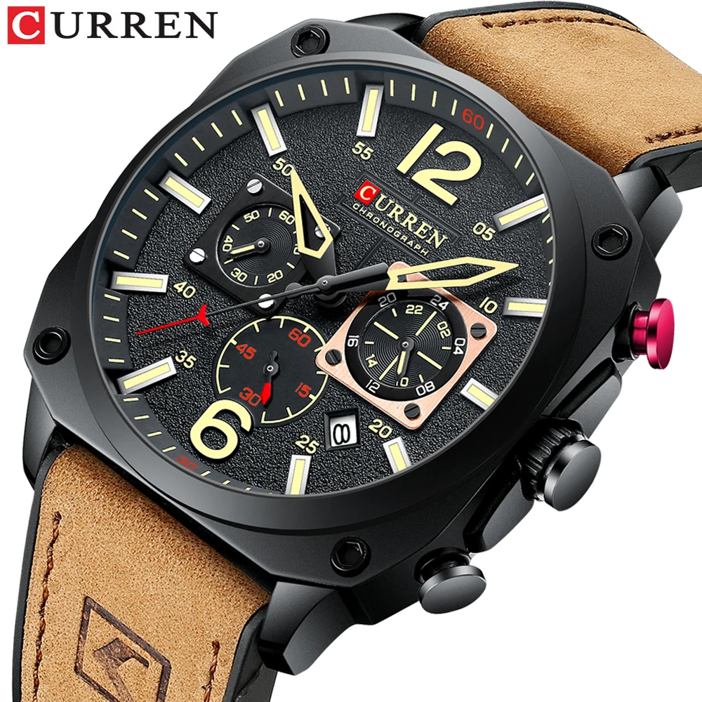 CURREN 8398 Men's Top Brand Fashion Watch Casual Sports Leather Chronograph Quartz Wrist watches for Male Luminous Hands Clock