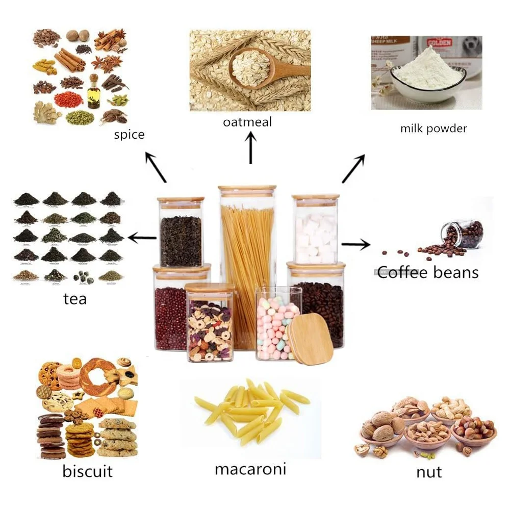 Square Airtight Coffee Tea Spice Glass Jar Kitchen Organizer Storage Bottles Sealed Glass Food Storage Jars with Bamboo Lid