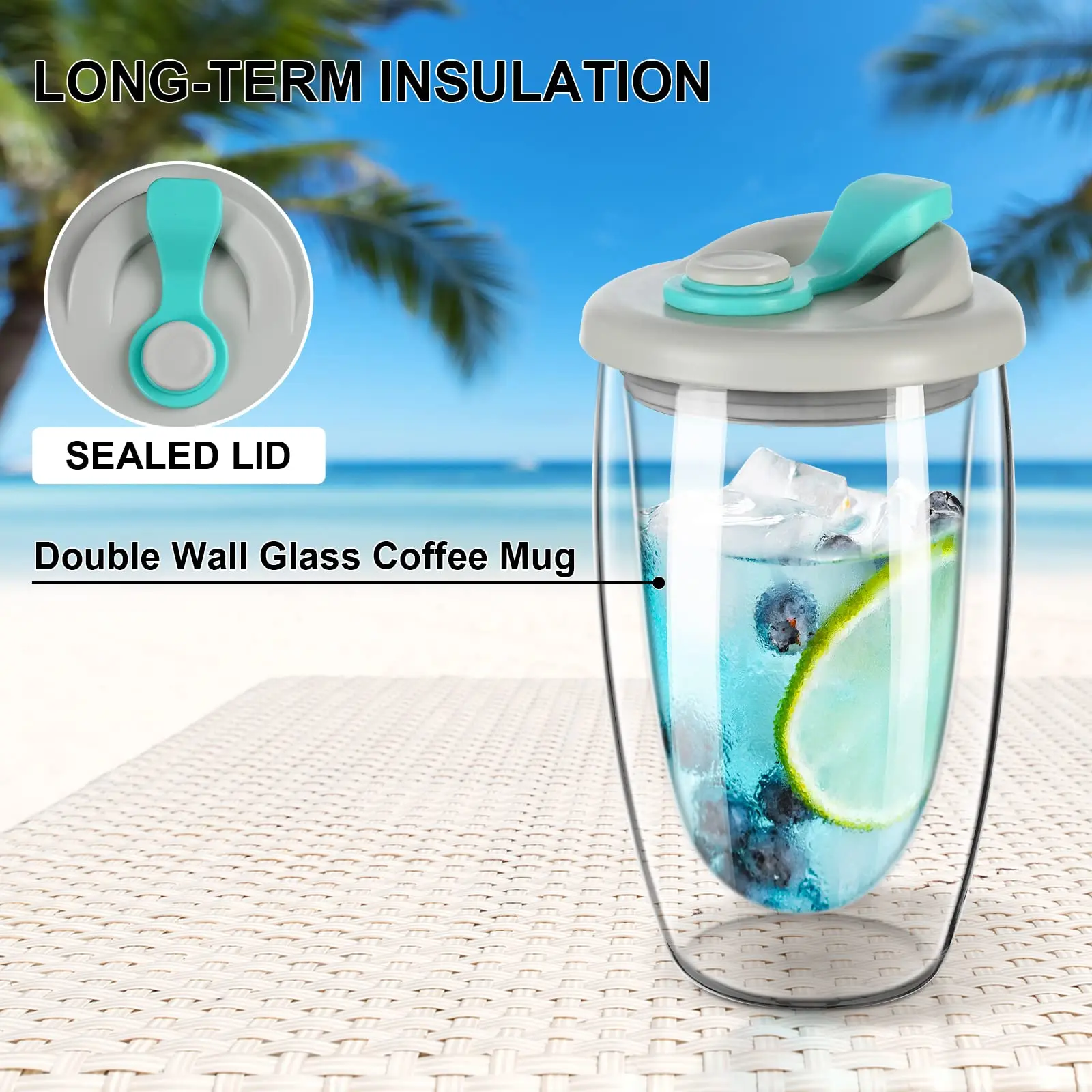 Ama-zon Hot Selling Double Walled Glass Coffee Cup High Borosilicate 15 OZ High Borosilicate  Glass Cup With Silicone Lid