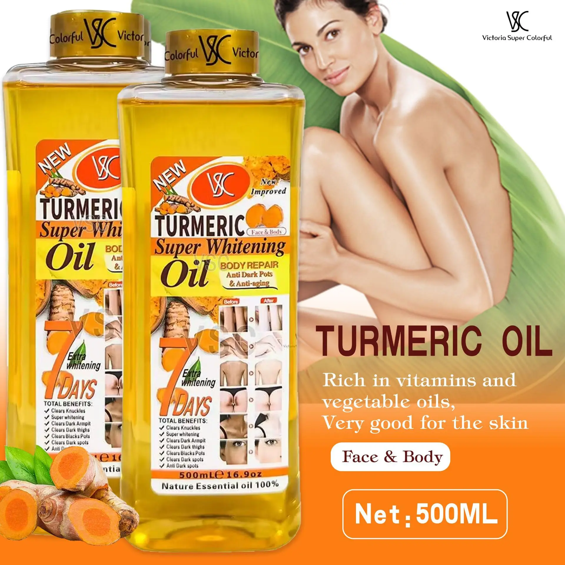 VSC Turmeric almond Massage Oil 7 days Moisturizing Brightening Facial Skin Removing Blackness rose body massage oil 500ml