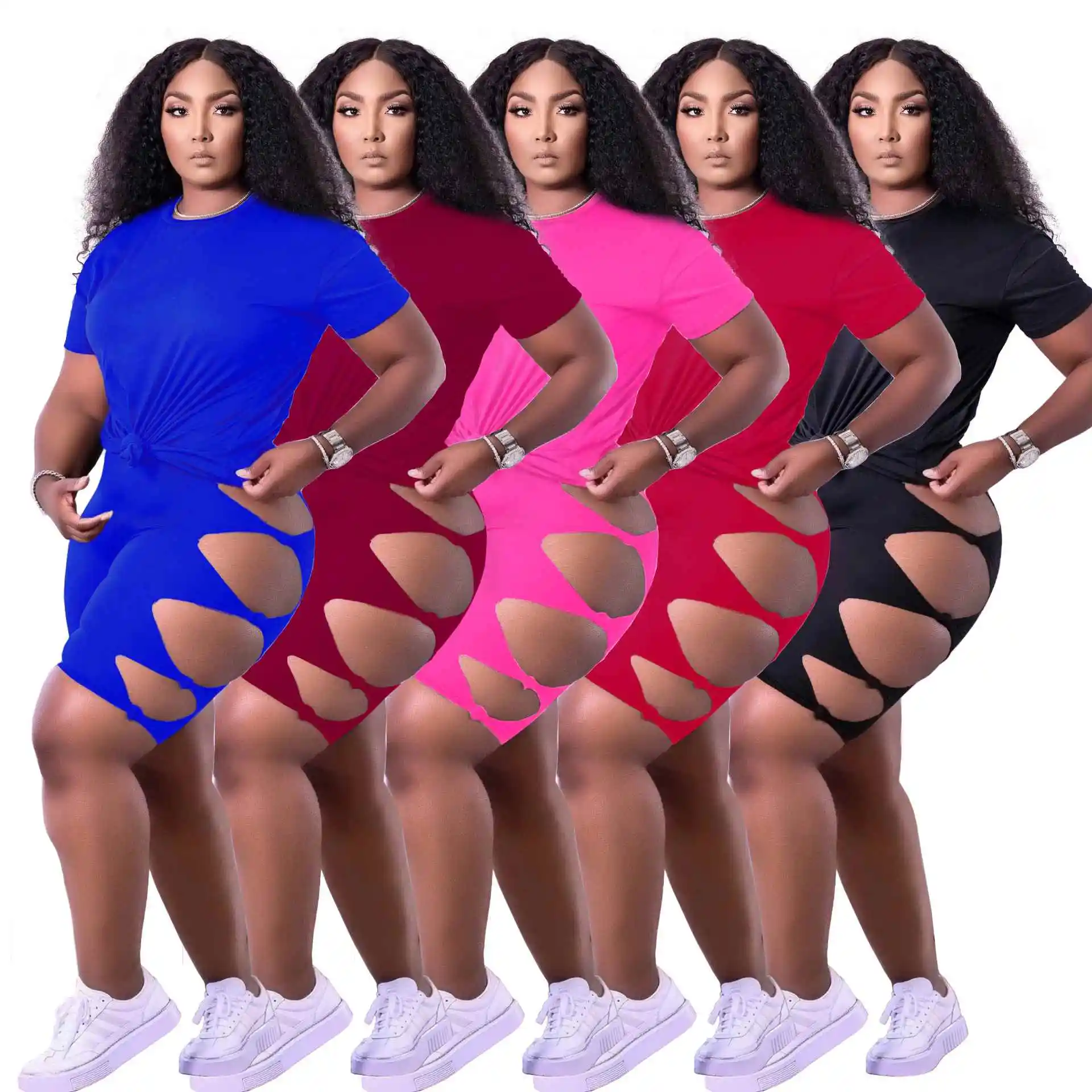 KX-2021 wholesale quality hole strap women custom two piece short sets casual solid 2 piece short set women