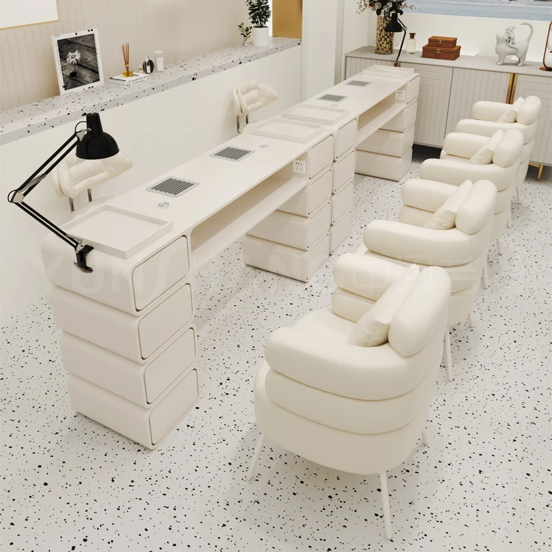 Cream Wooden Nail Art Table Chair Suite Embedded New Vacuum Cleaner Socket Wireless Reclamable Living Room