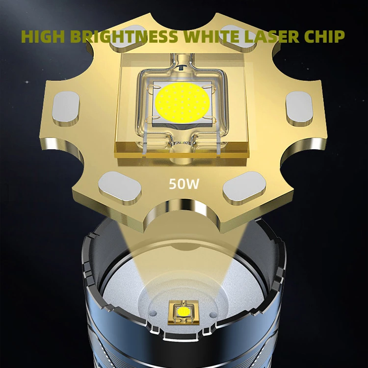 50W white laser bead high lumen tactical portable zoom flashlight outdoor camping highlight