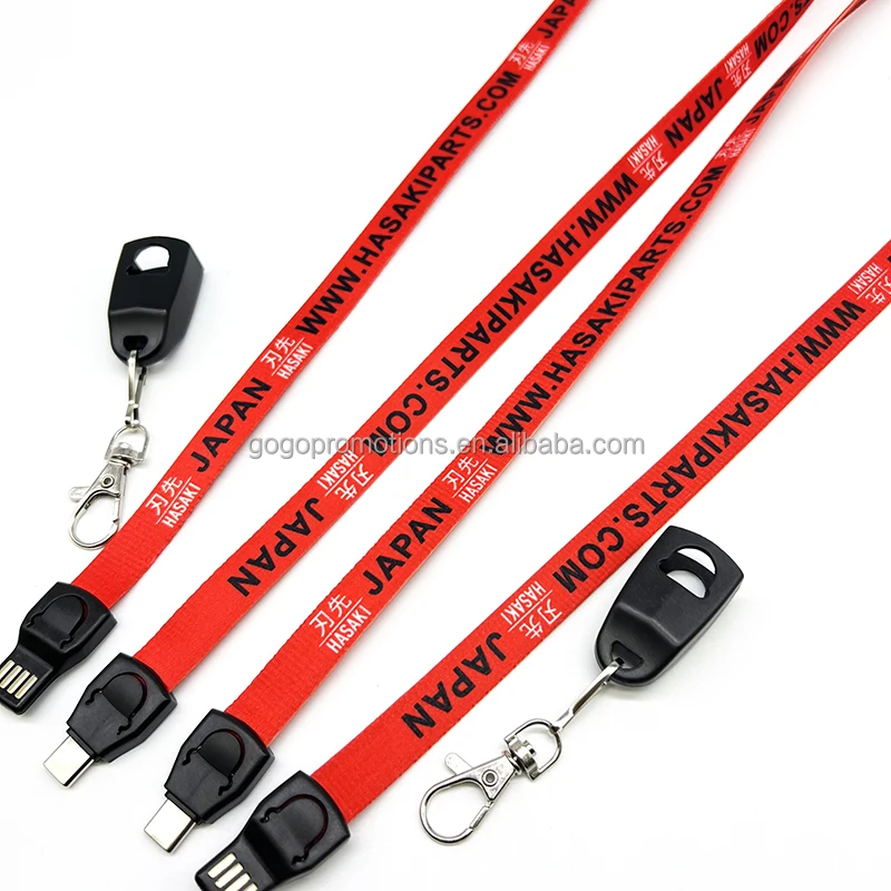 new creative design lanyard 3 in 1 data cables With high quality red lanyard Fast charge type C charging cable for portable