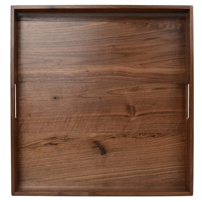 Wholesale Large Square Kitchen Solid Walnut Wooden Serving Tray with Handle