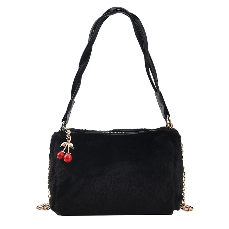 Women Solid Color Fur Bag Golden Chain Cherry Hemp flowers Underarm Bag 2021 Fashion Korea Style Soft Faux Fur Furry Handbags