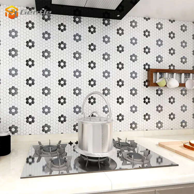 High quality interior wall simple decoration small hexagon shape  white mix black 6mm ceramic mosaic tile