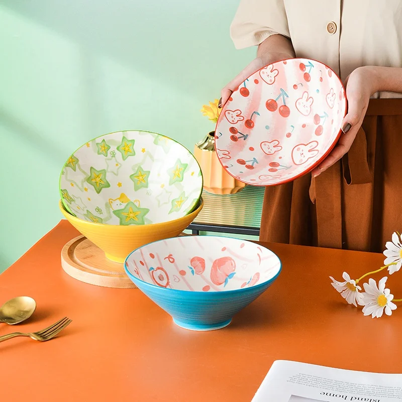 Creative Nordic Ceramic Tableware Large Capacity Porcelain Soup Instant Noodle Salad Bowl For Household With Cartoon Pattern