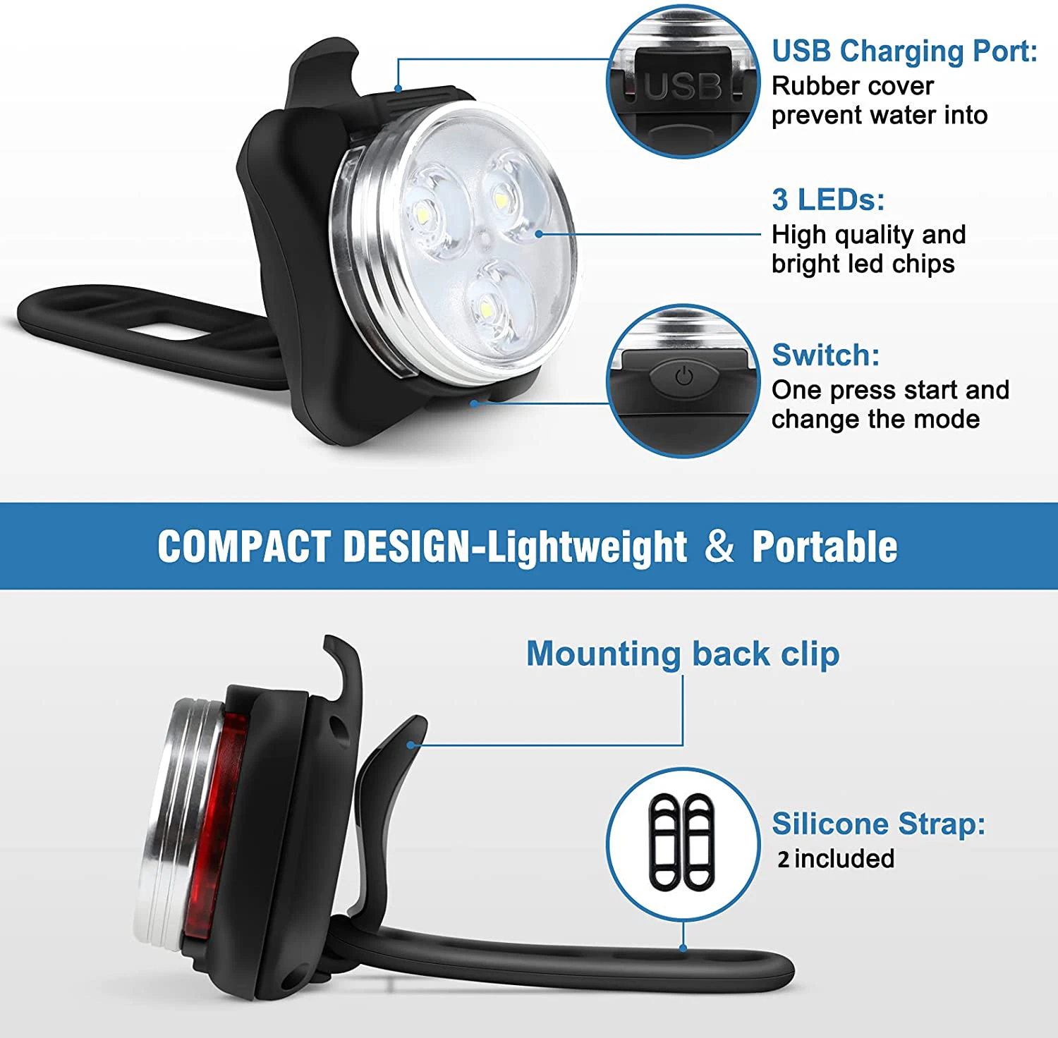 USB-C Rechargeable Bike Light Set LED Front and Rear Bicycle Light with PC & ABS Mounting Battery Power Supply for Cycling