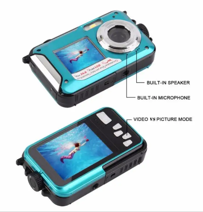 2021New hot selling 24MP Waterproof Digital Camera Dual Screens (Back 2.7 inch + Front 1.8 inch) HD 1080P 16x Zoom