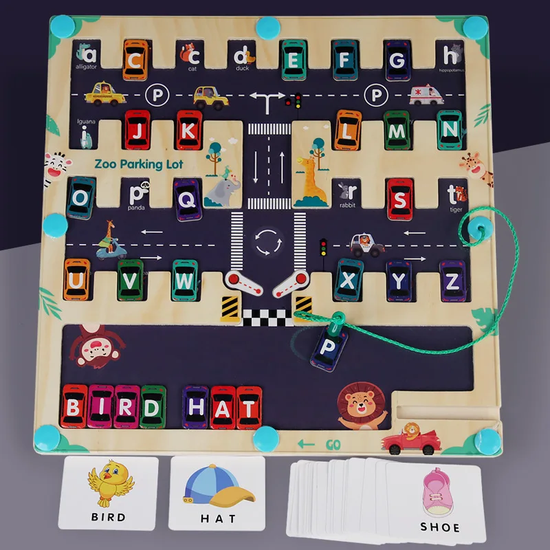 Wooden letter car matching magnetic parking displacement children training matching games educational early learning toys kids