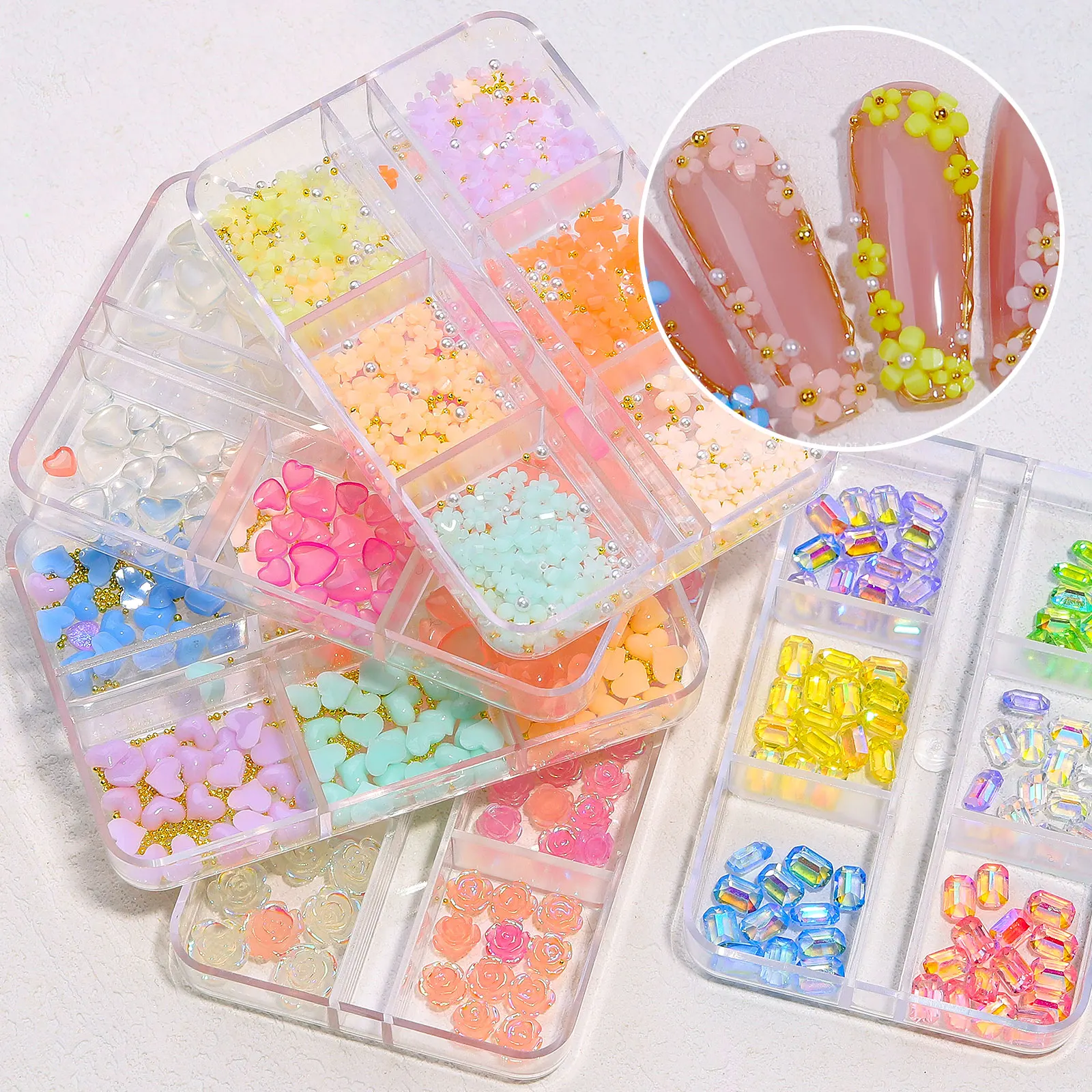 2022 New Magic Light Changing Small Flowers Resin Nail Art Decoration Box Mixed 3D Camellia Flower Bow Heart Nail jewelry