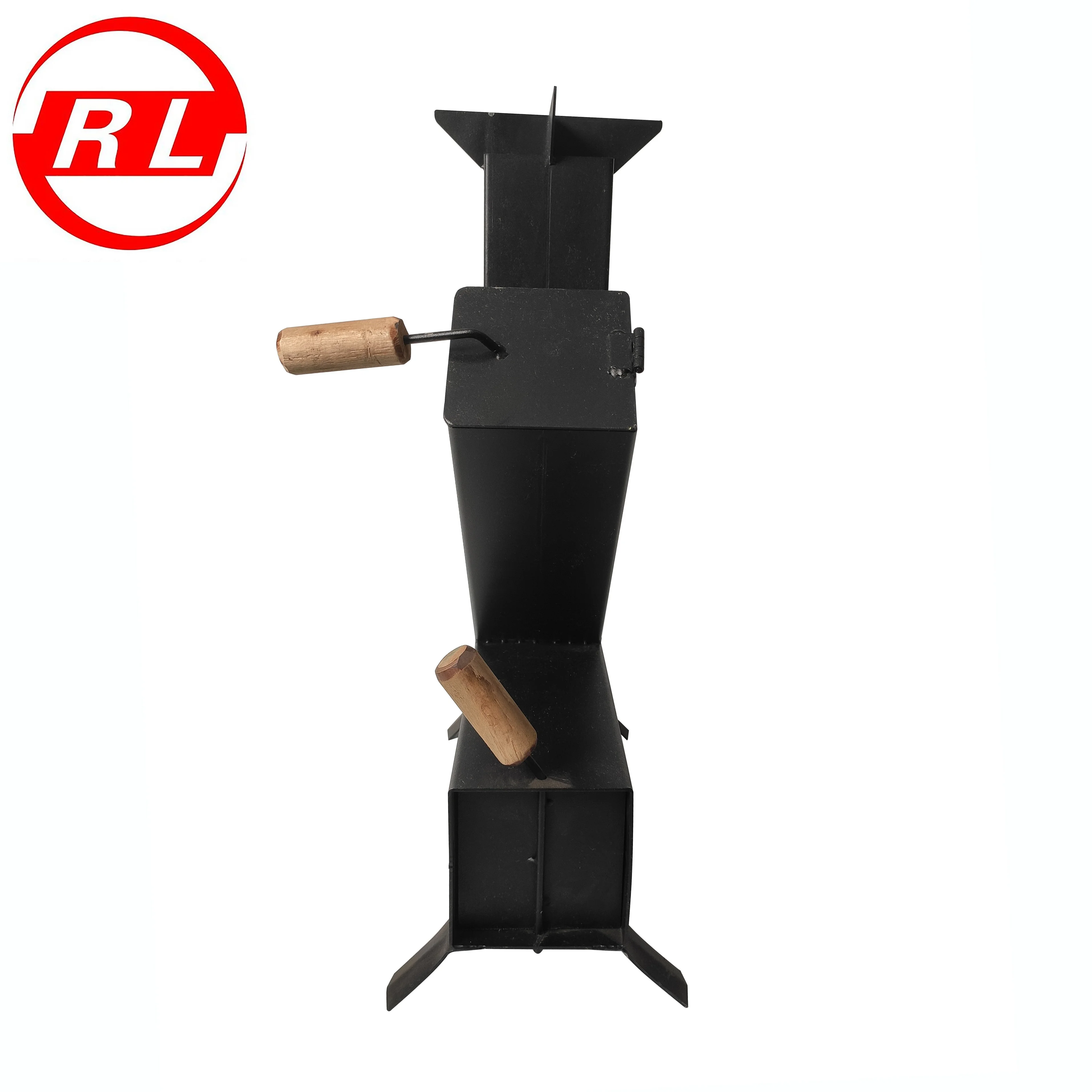 Stainless Steel Rocket Stove Loaded With Split Wood In The Vertical Chamber