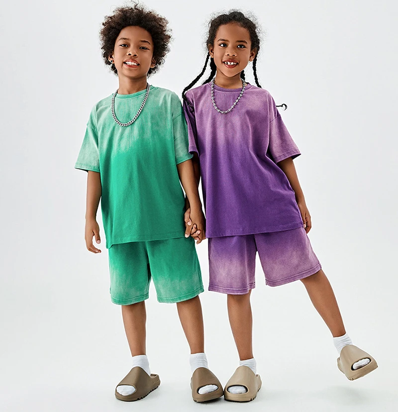 EK-013 High quality children tshirt and shorts 2 pieces suit boys oversized tshirts kids plain acid wash t shirt set