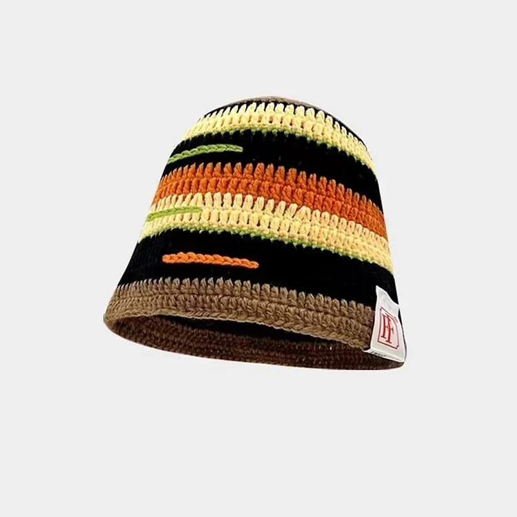 Winter Japanese Crochet Visor Girls Caps Color Striped Knitted Bucket Hat Adult Crochet Hats for Man