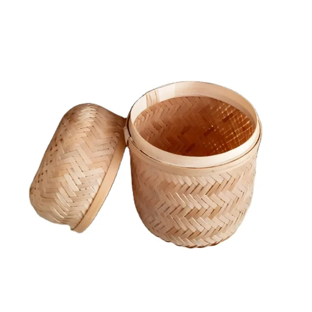 Eco Friendly Wholesale Manufacture Vietnam Storage Cosmetic Custom Round Handmade Woven Bamboo Tea Caddy Box With Lid
