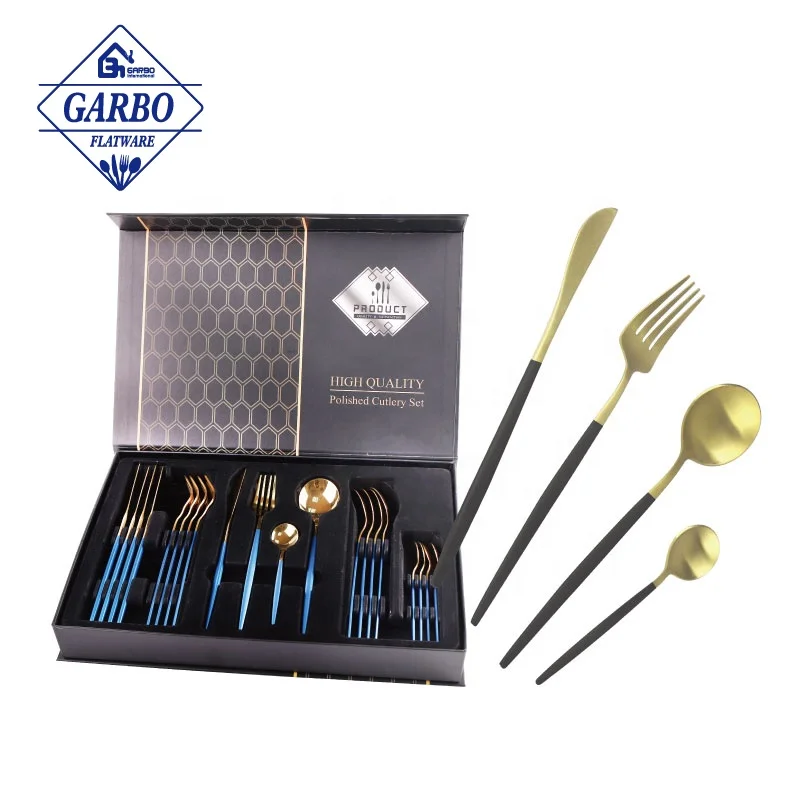 Portugal luxury cutlery set, wholesale black champagne gold plated cutlery, stainless steel matte gold flatware set for wedding