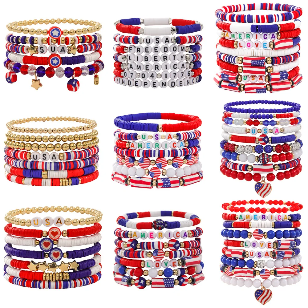 Hstyle  4th of July Bracelets Red White Blue Bracelets USA Clay Bead Bracelets Patriotic Summer Beach Beaded Stackable Jewelry