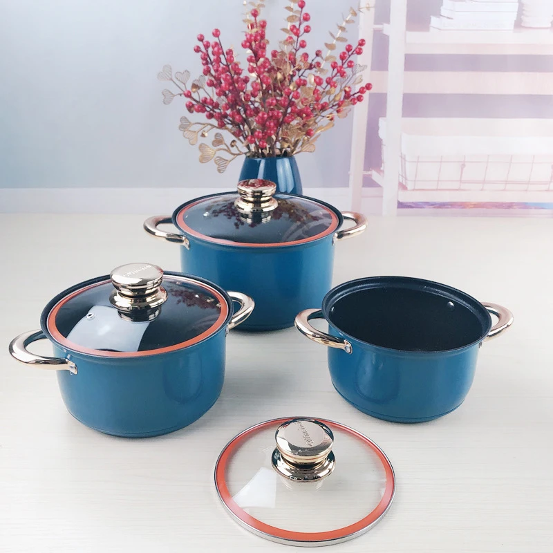 Household Pots And Pans 201 Stainless Steel Cooking Pot Ware Non-stick Blue Cookware Set