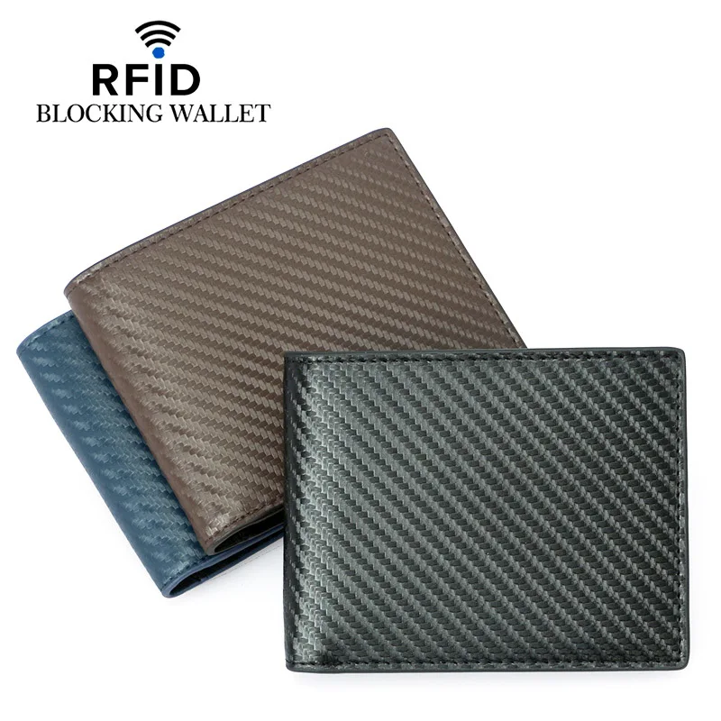 Wholesale high-capacity rfid blocking card wallet 12 card slots carbon fiber genuine leather short man leather wallet