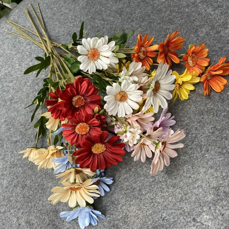 J-048 6 Heads Wedding Flowers Stem Faux Daisy Flowers Multi color Artificial Silk Daisy Flower