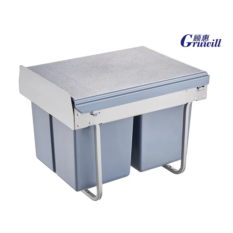 Gruwill 30L Pull Out Dual Trash Can 2 x 16 Quart (32 Qt) Cabinet Double Recycling Trash Can Kitchen Waste Bin for 400mm Cabinet