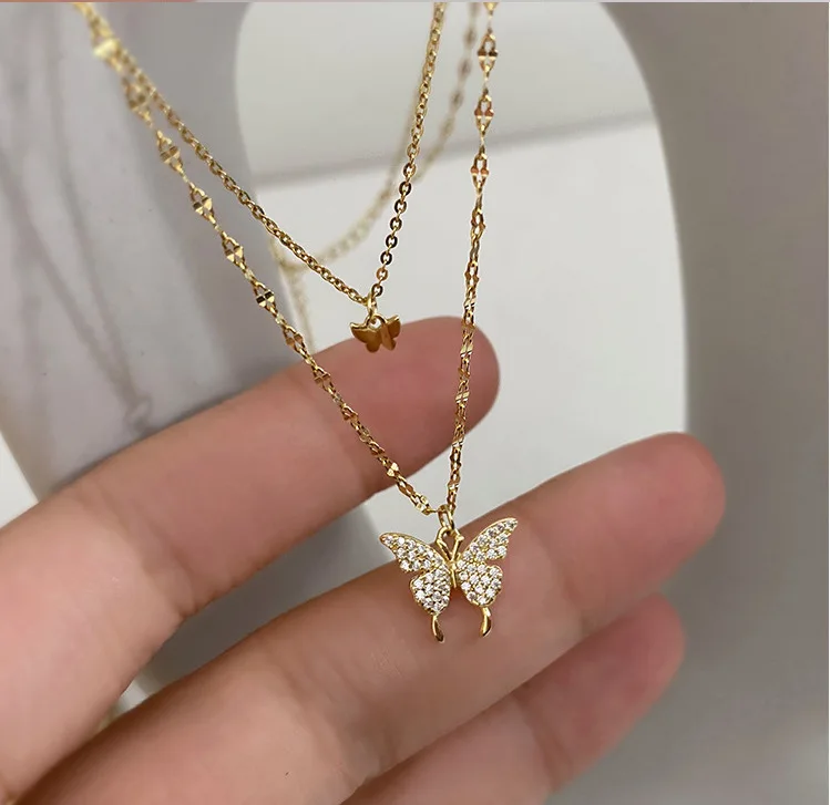 fashion  Women Rhinestone Crystal Butterfly Necklace Gold Plated Double Layered Ladies Jewelry Butterfly Pendant Necklace
