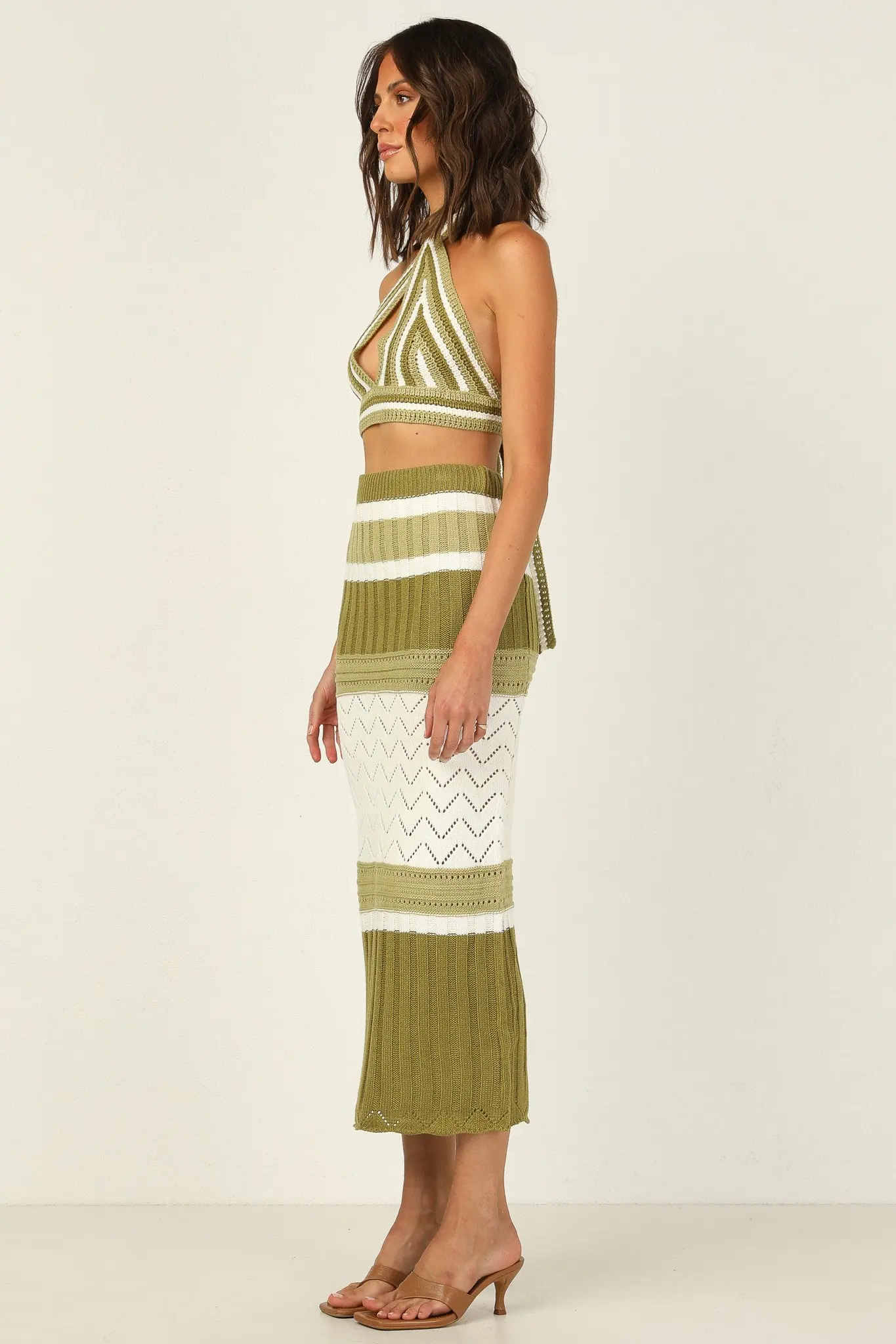 Summer Crochet Fabric Tie Open Back Cropped Halter Top and Pointelle Bodycon Midi Skirt 2 Piece Set
