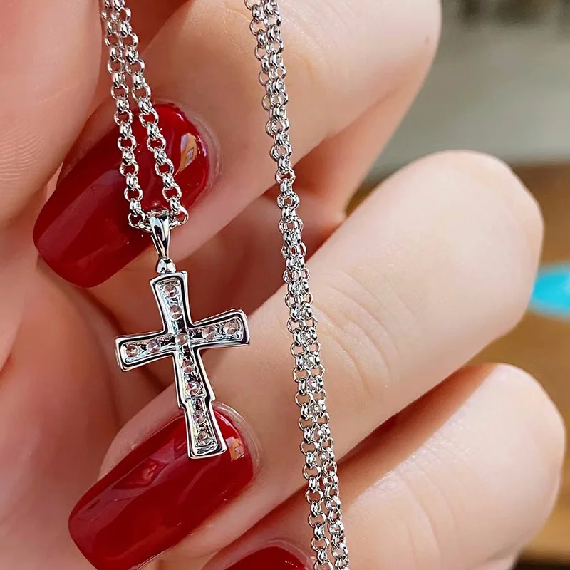 CAOSHI Vintage Style Full Cubic Zirconia Cross Necklaces For Women Fashion Party Weeding Silver Plated Pendant Necklaces Jewelry