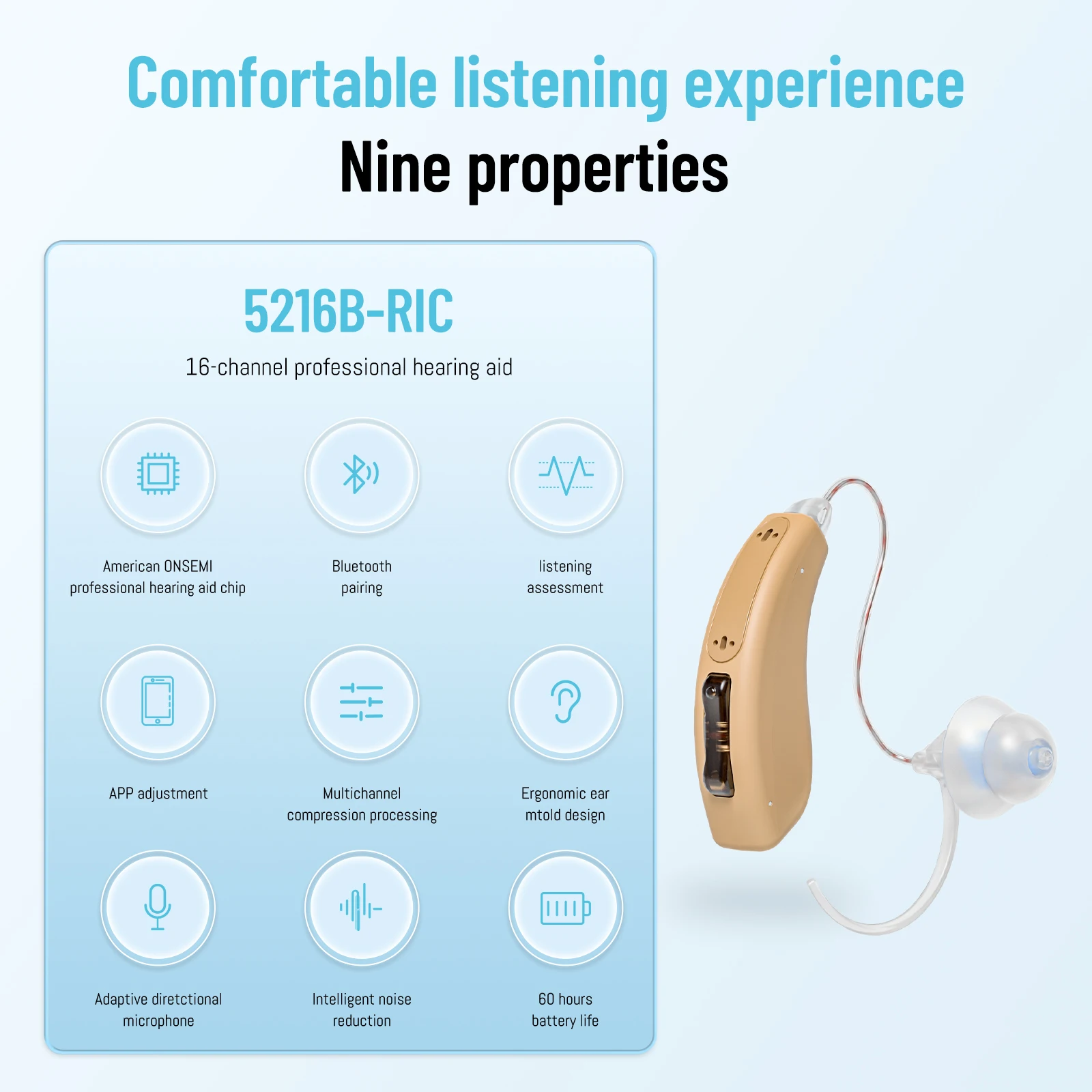 16-channel Bluetooth hearing aid with digital processing behind the ear for people with hearing loss