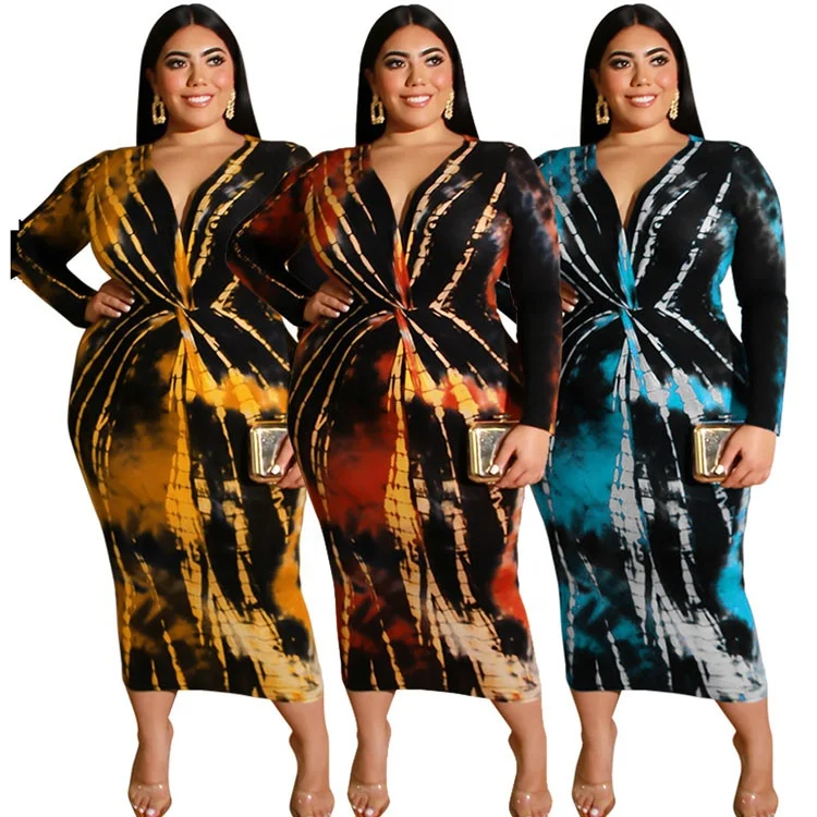 elegant V Neck dresses lady plus size Long Sleeve Tie Dye  Dresses for fat women casual size XL-5XL woman clothing