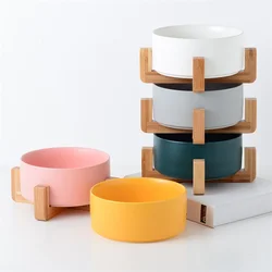 2022 Slow feeder wooden frame feeding bowl Pet ceramic cat and dog bowls