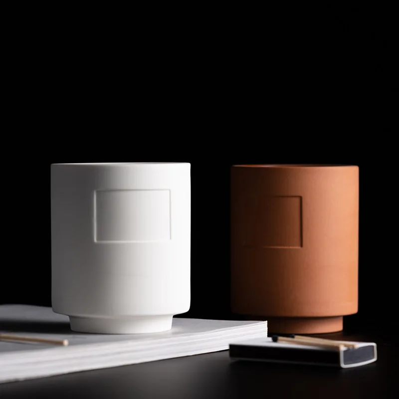 Simple Modern Candle Holder Porcelain Candle Container Red Ocher Ceramic Scented Aroma Candle Vessels