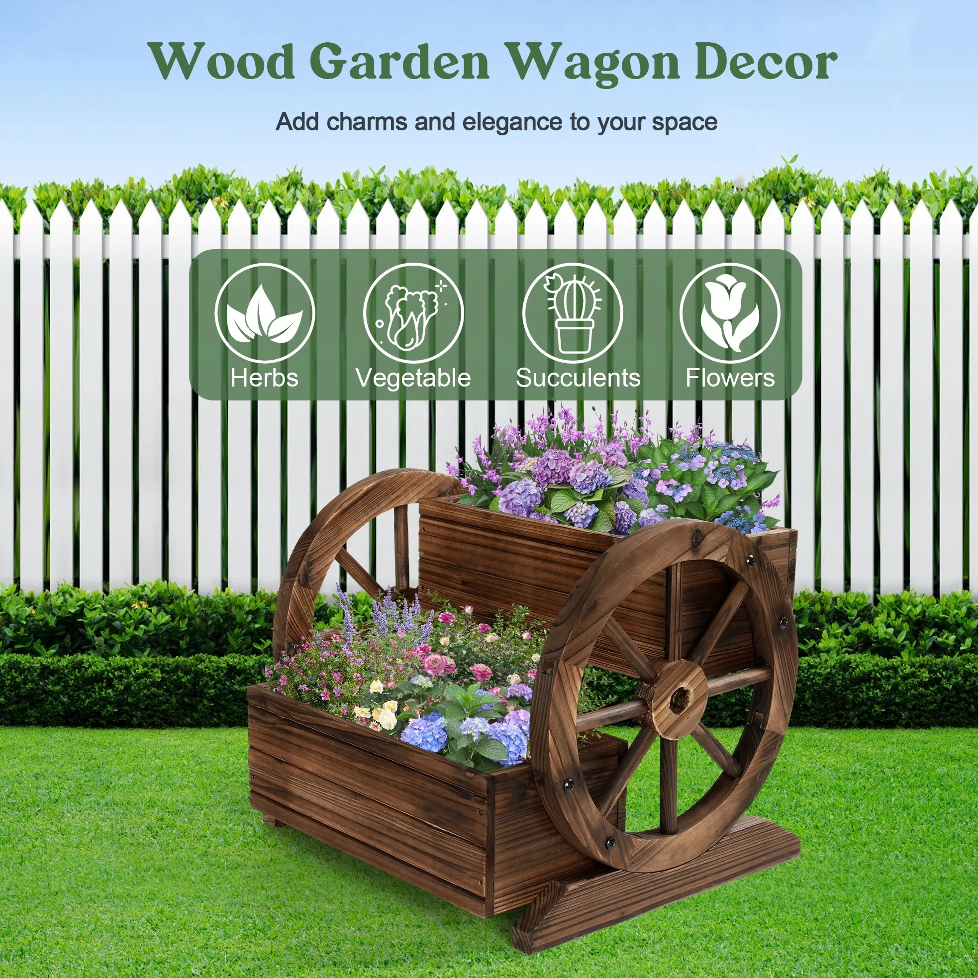 Garden Wooden Decorative Flower Planter Box with Wagon Wheels Raised Wood Bed for Flowers Herbs Vegetables Wooden Flower Cart