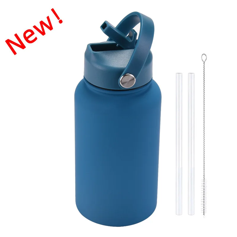 Custom Portable free Straw Large capacity 650ml  Wide mouth double wall stainless steel vacuum bottle handle Rubber paint