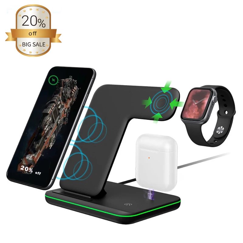 
Прямая поставка, лидер продаж на Amazon, беспроводная зарядная станция 3 в 1, беспроводное зарядное устройство для мобильного телефона 3 в 1 со светодиодной подсветкой 