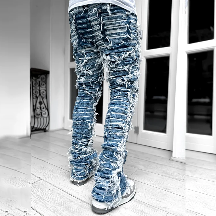 HL manufacture streetwear y2k heavyweight raw hem distressed spiderweb denim jeans custom extended flare stacked ripped men jean